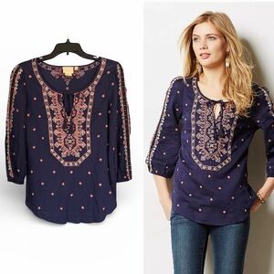 Vanessa Virginia Anthropologie Monoco Peasant Boho Embroidered Blue Blouse Sz 4